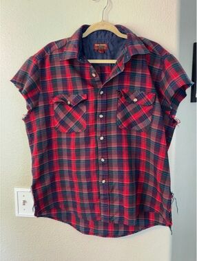 Vtg 90s Mervyns High Sierra Cut Off Plaid Flannel L